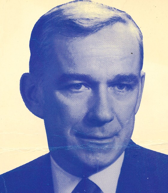 A blue halftone portrait of Leonard Fiedler in a suit and tie, from a 1970s printed poster.