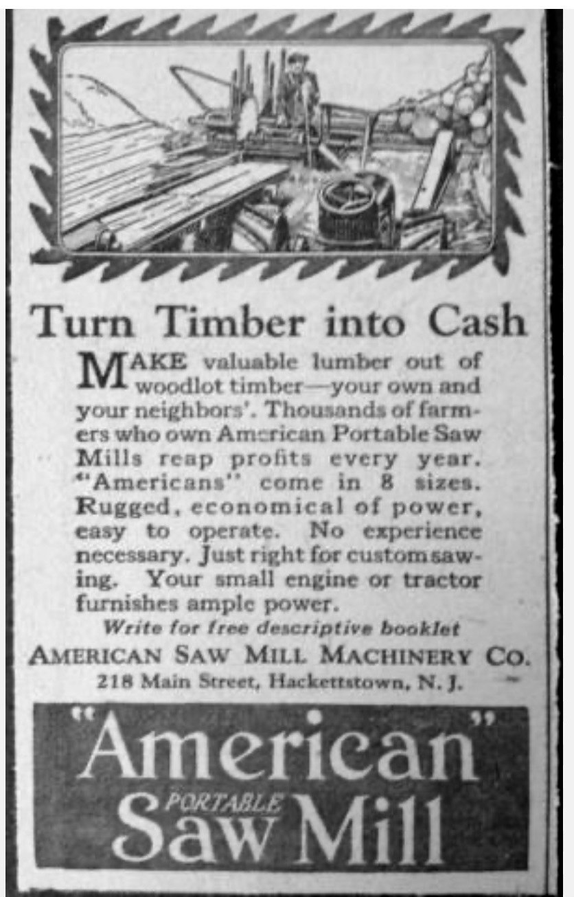 A period advertisement headed 'Turn Timber into Cash' for the American Portable Saw Mill, naming the American Saw Mill Machinery Co. at 218 Main Street, Hackettstown, N.J.