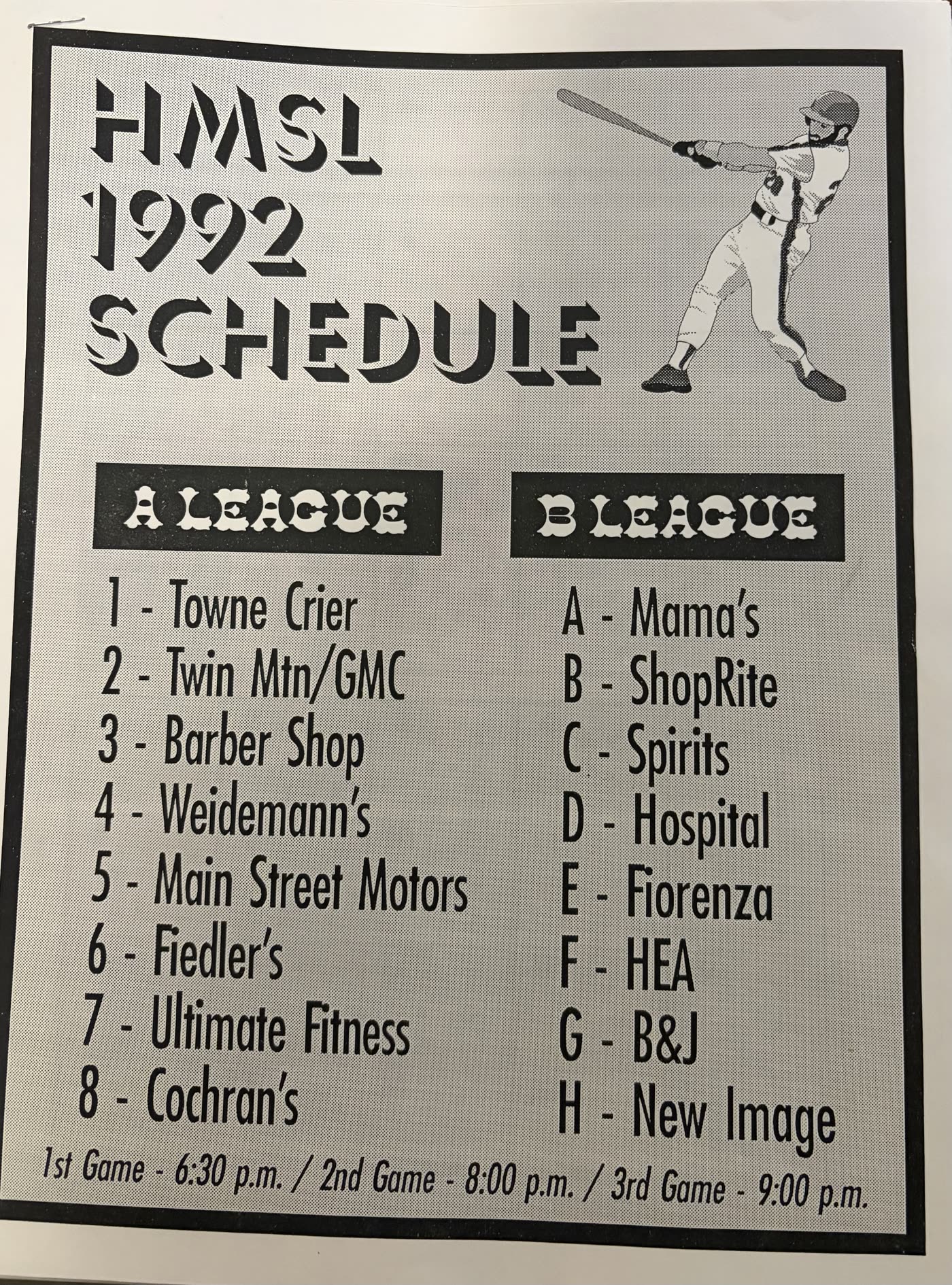 A photocopied 1992 Hackettstown Men's Softball League schedule cover listing eight A League teams including Fiedler's, eight B League teams, and game times at the foot.