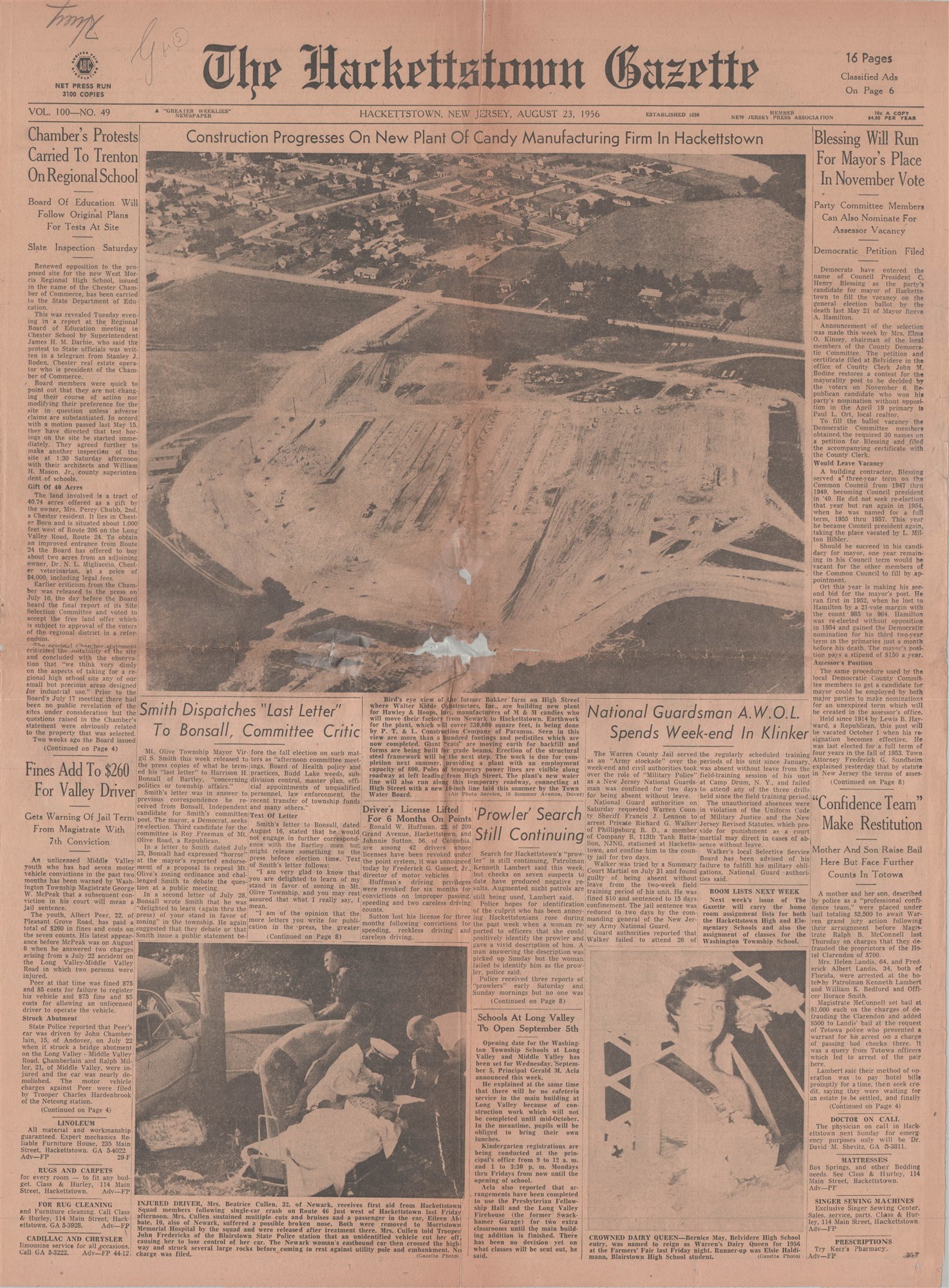 The front page of the Hackettstown Gazette of August 23, 1956, the construction aerial spread across the top under the headline about the candy manufacturing firm's new plant.