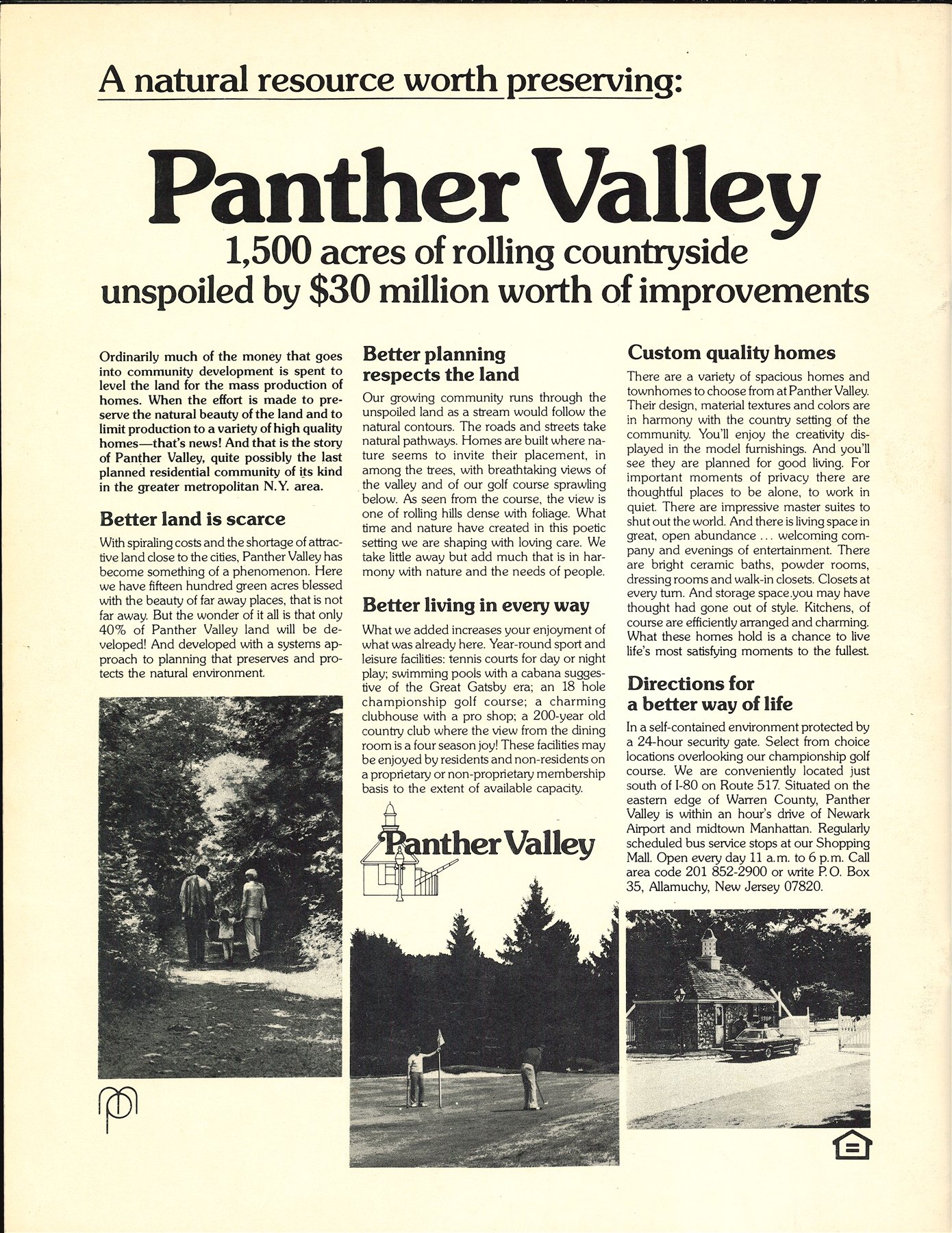 A Panther Valley brochure page headed A natural resource worth preserving, with photographs of wooded paths, the golf course, and the stone gatehouse.